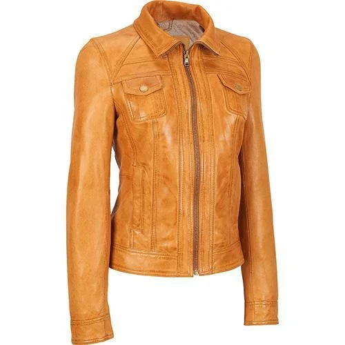 Women’s long wool coats for winter warmth -Super Goldenbrown Women Classic Real Leather Jackets