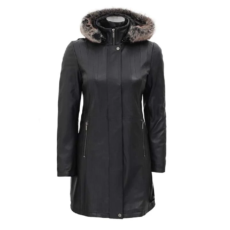 Women’s fleece zip-up jackets for casual warmth -Women's Hooded Black Shearling Collar Leather Coat