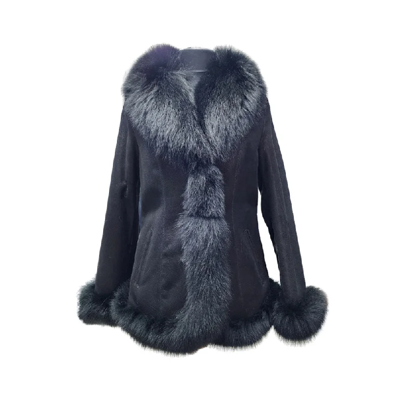 Women’s car coats for classic silhouette -Astrid black shearling coat with fox fur trim