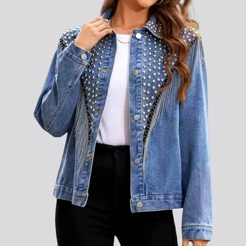 Women’s button-up jackets for easy styling -Embellished light-wash denim jacket