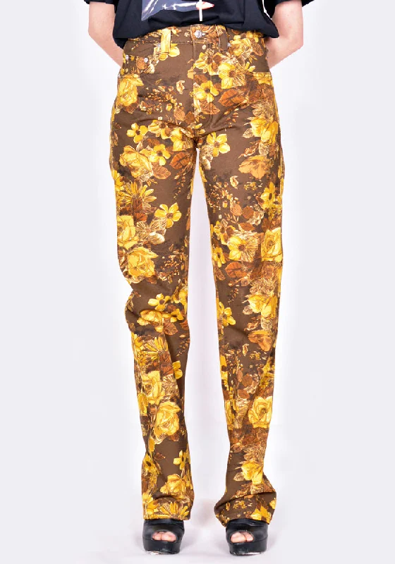 Women’s tapered pants for sleek look -KWAIDAN EDITIONS SS22WP071W_PD DENIM JEANS BROWN BLANKET FLOWERS