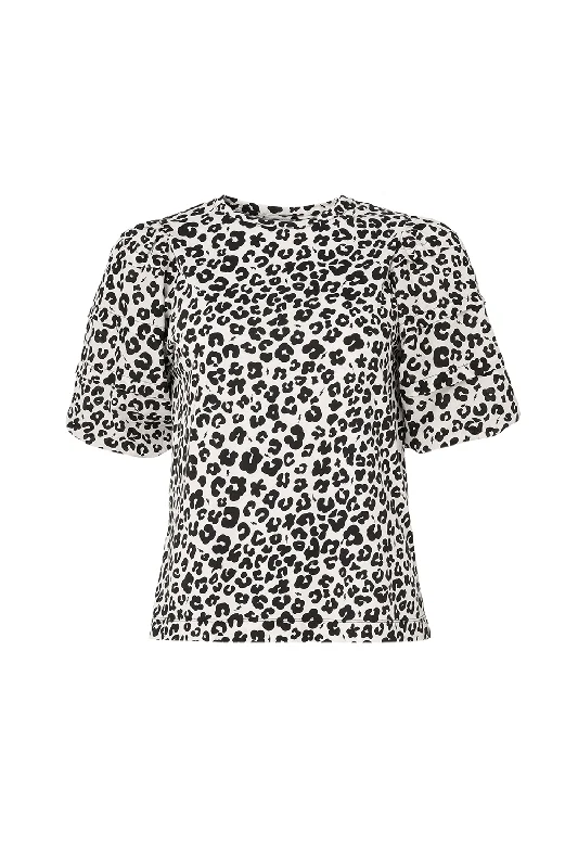 Women’s halter neck tops for summer outfits -White with Black Floral Leopard Pintuck Sleeve T-Shirt