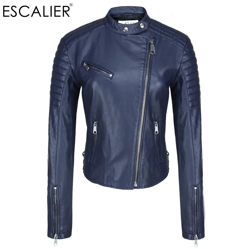 Women’s puffed sleeve jackets for dramatic flair -Escalier Blue Motorcycle Women Real Leather Jackets