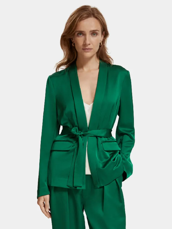 Women’s military-inspired coats for rugged elegance -Belted satin blazer