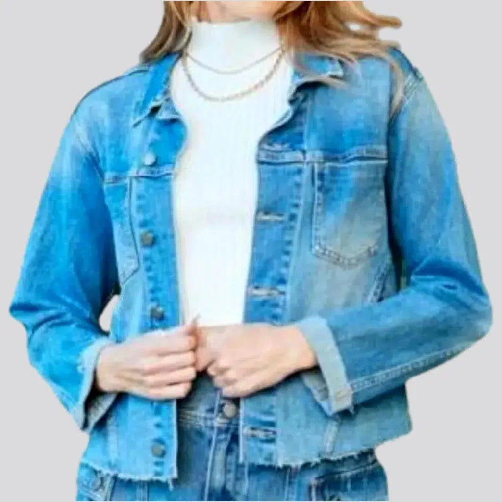 Women’s zip-up hooded jackets for comfort -Sanded sky-blue women's jean jacket