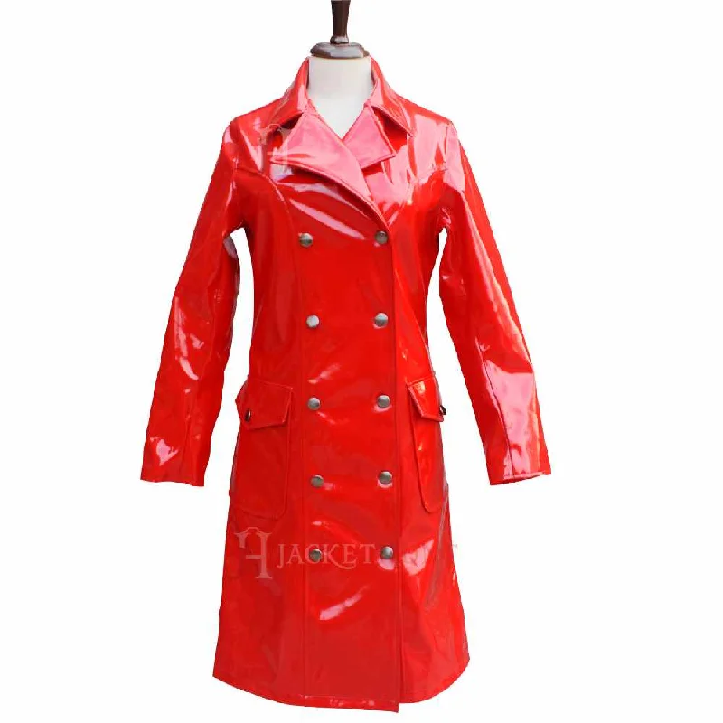 Women’s raincoats for wet weather protection -Women Military Double Breast Red Vinyl PVC Coat