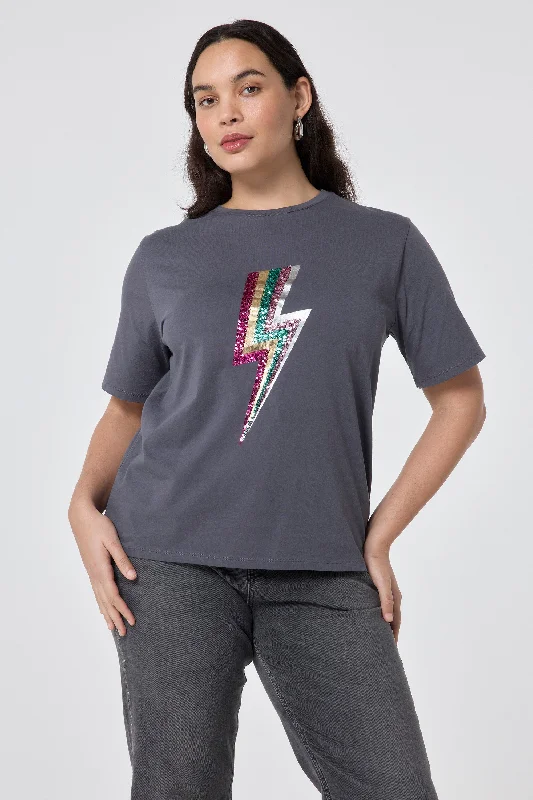 Women’s t-shirt tops for casual style -Grey with Multi Coloured Sequin and Foil Lightning Bolt T-Shirt