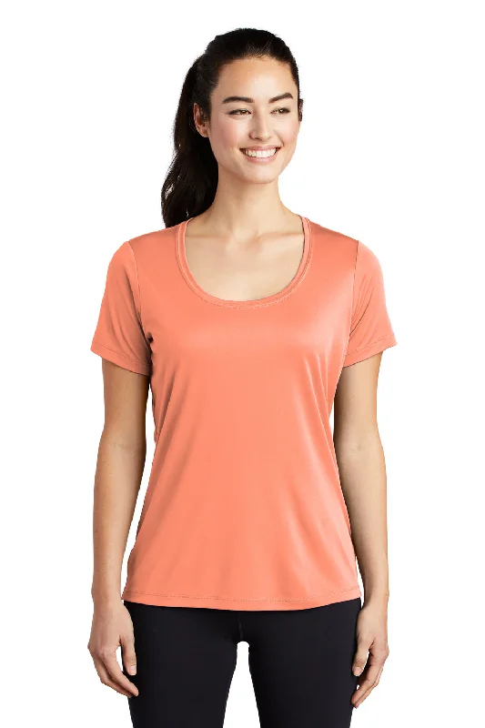 Women’s cold shoulder tops for modern look -Sport-Tek Womens Moisture Wicking Short Sleeve Scoop Neck T-Shirt - Soft Coral Orange