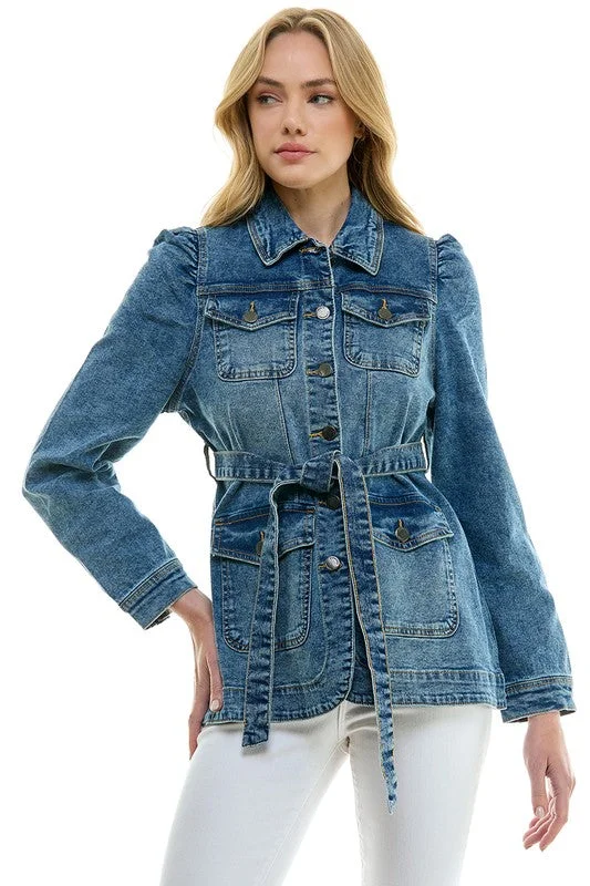 Women’s motorcycle jackets for cool edge -Stretch Solid Ladies Casual Denim Jacket with Belt(JK-4044)