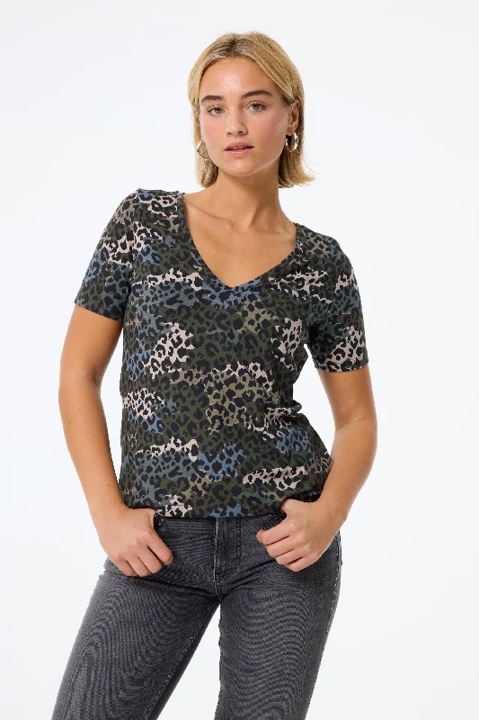 Women’s frill sleeve tops for fun, feminine style -Khaki with Green Camo Layered Leopard V-Neck T-Shirt