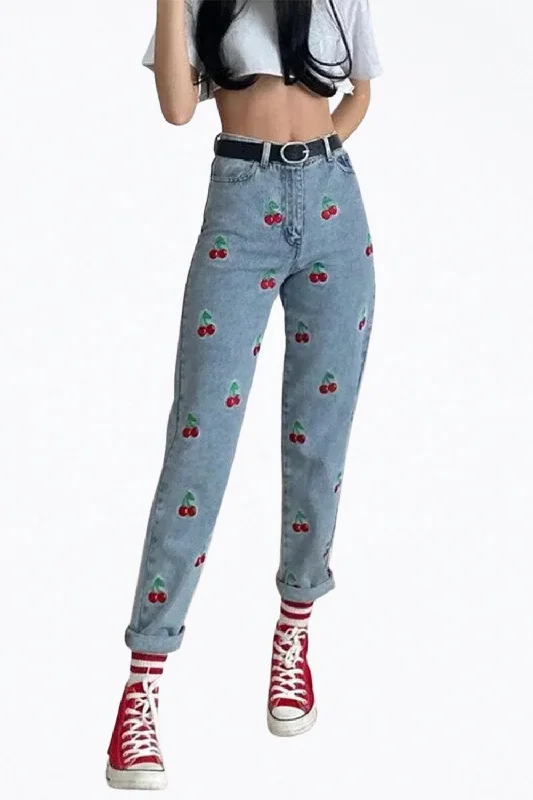 Women’s sweatpants for lounging comfort -High-Rise Cherry-Embroidered Tapered Jeans In Light Blue