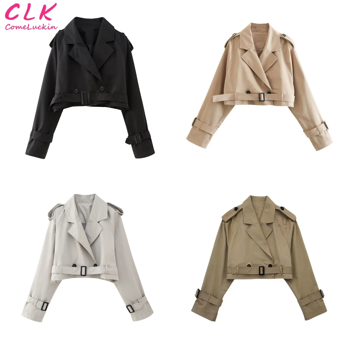 Women’s casual outerwear for everyday fashion -Women Fashion With Belt Cropped Trench Jacket Vintage Notched Neck Long Sleeve Female Chic Coat