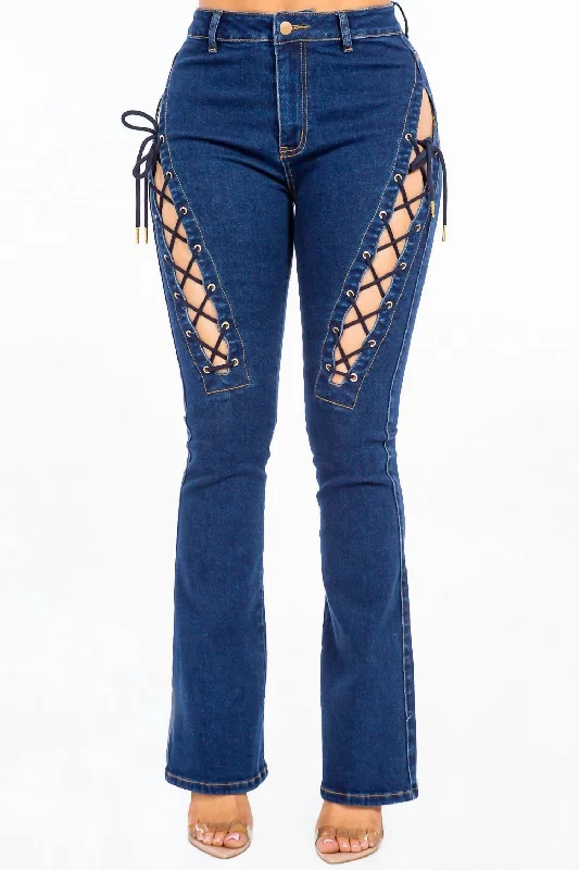 Women’s high-rise pants for flattering fit -Chic Lace Up High Rise Denim In Dark Blue