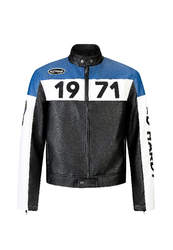 Women’s down jackets for lightweight warmth -Unisex ED-1971 Moto Biker Jacket- Black/Blue/White