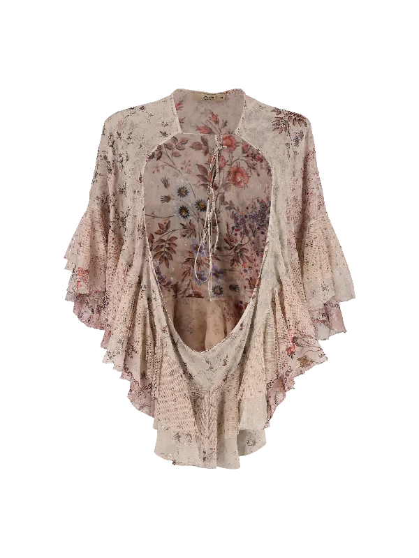 Women’s lace tops for delicate style -ruffled floral-print silk poncho