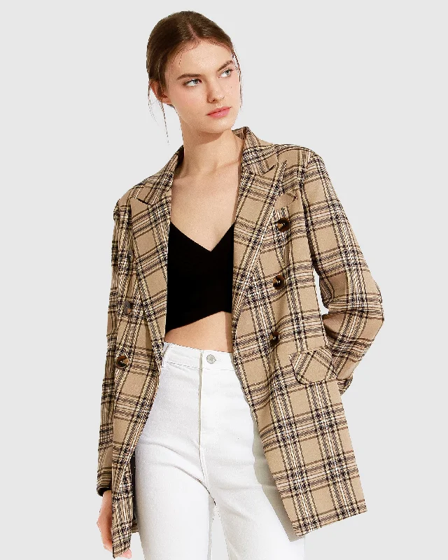 Women’s printed jackets for unique style -Too Cool For Work Plaid Blazer - Camel