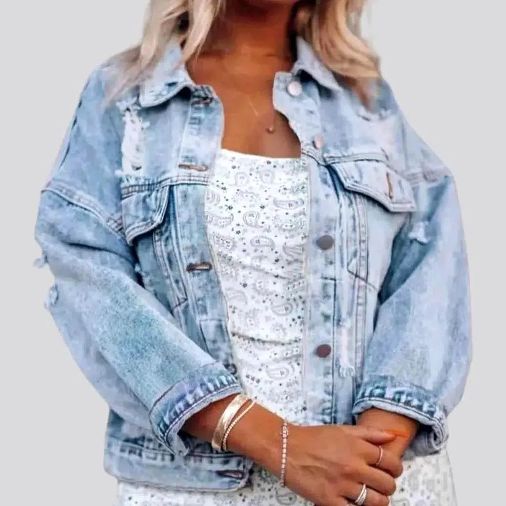 Women’s leather jackets for edgy look -Distressed light-wash jean jacket