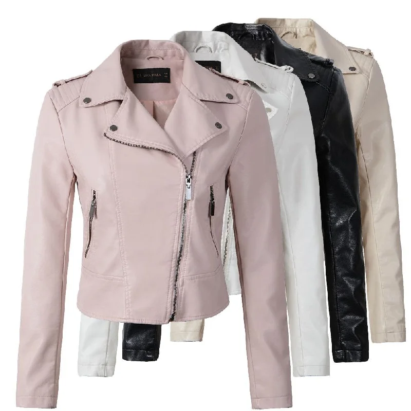 Women’s windbreakers for outdoor activities -Brand Motorcycle PU Leather Jacket Women