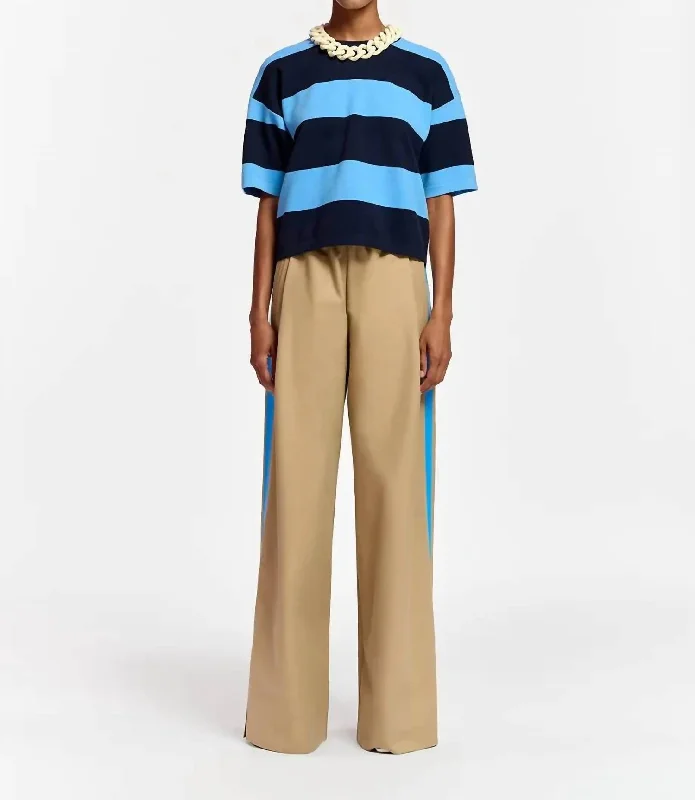 Women’s jogger-style pants for street wear -Beigh Wide-Leg Pants With Blue Stripe In Khaki And Blue