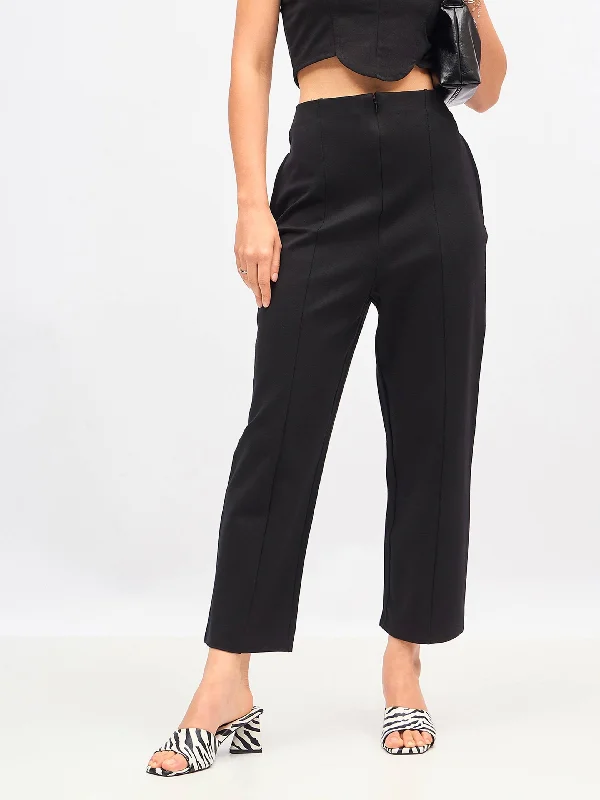 Women’s paperbag waist pants for trendy flair -Women Black Front Darted High Waisted Pants