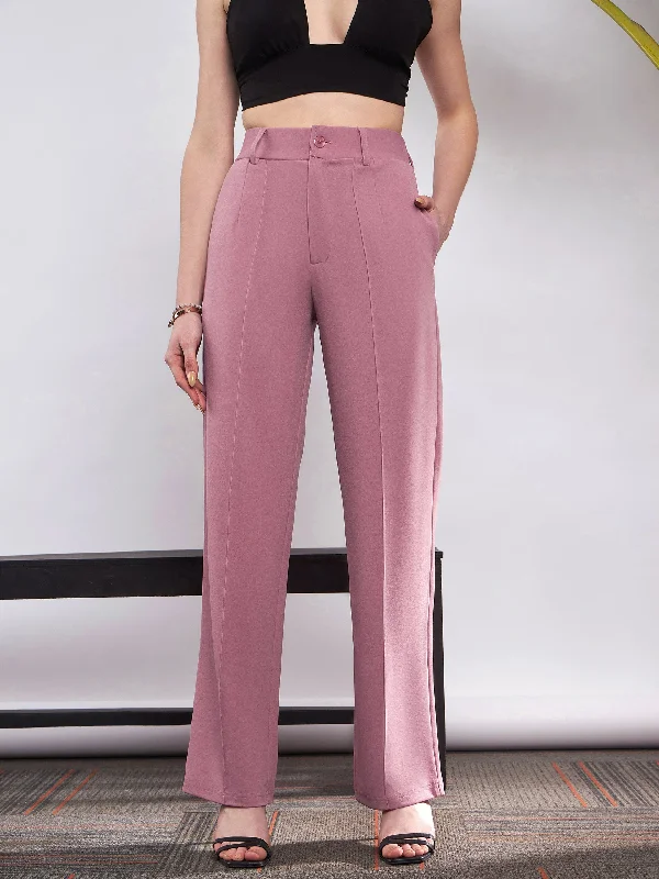 Women’s skinny-fit chinos for smart-casual look -Women Pink Front Darted Knitted Straight Pants