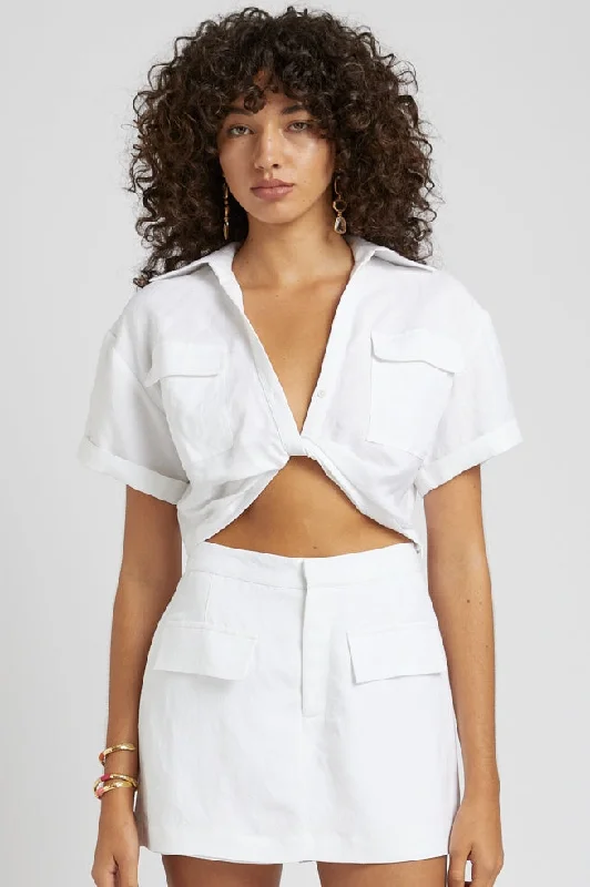 Women’s chiffon tops for lightweight wear -SUMMI SUMMI Womens Cropped White Linen Twist Shirt