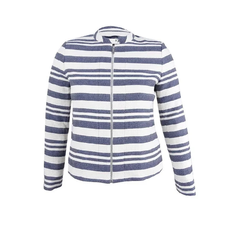 Women’s casual coats for weekend vibes -Tommy Hilfiger Women's Twill Striped Zip-Front Blazer (14, Indigo/Cream)