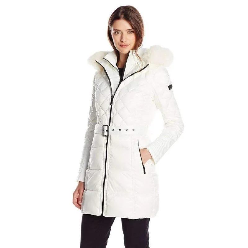 Women’s raincoats for wet weather protection -White Belted Down Coat with Fur Hood