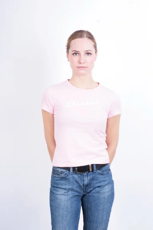 Women’s cut-out tops for modern look -Diesel Womens S T-Shirt Pink Crew Neck Cotton Summer