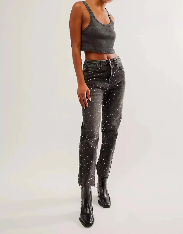 Women’s zip-up pants for easy wear -Rhinestone Jean In Black