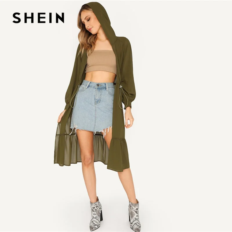 Women’s down jackets for lightweight warmth -SHEIN Drawstring Waist Ruffle Hem Hoodie Coat Casual 2019 Spring Long Sleeve Modern Lady Women Coat Knee Length Outerwear