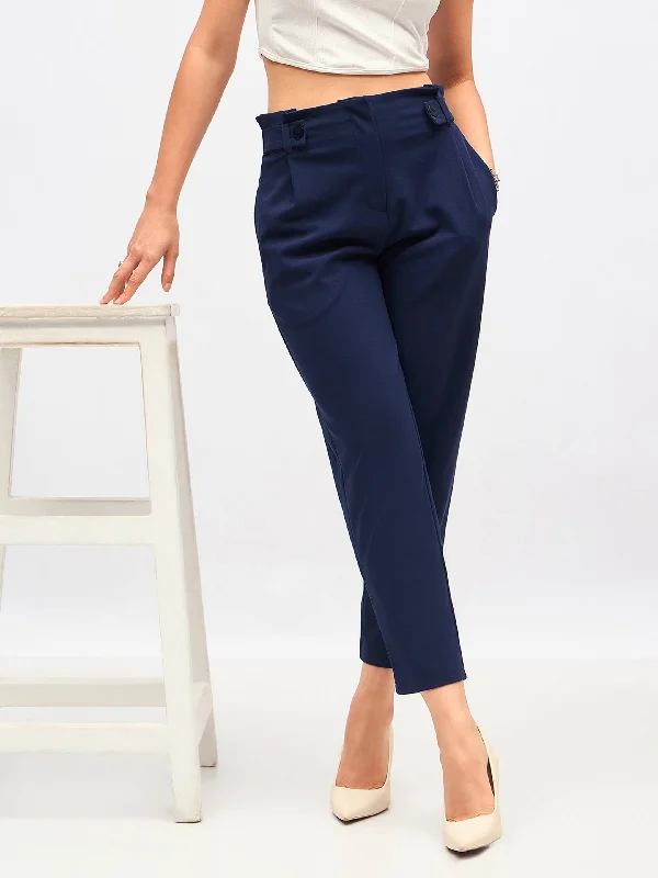 Women’s flare-leg trousers for modern fashion -Women Navy Front Button Paperback Waist Pants