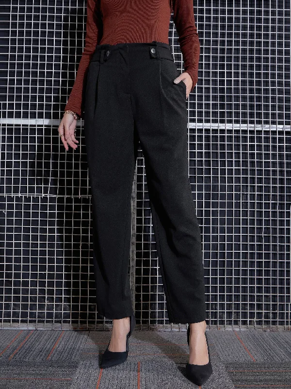 Women’s plaid trousers for preppy fashion -Women Black Front Button Paperback Waist Pants