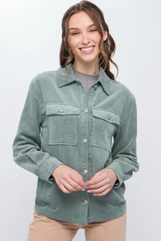 Women’s fleece jackets for outdoor comfort -Corduroy Button Down Jacket With Pockets