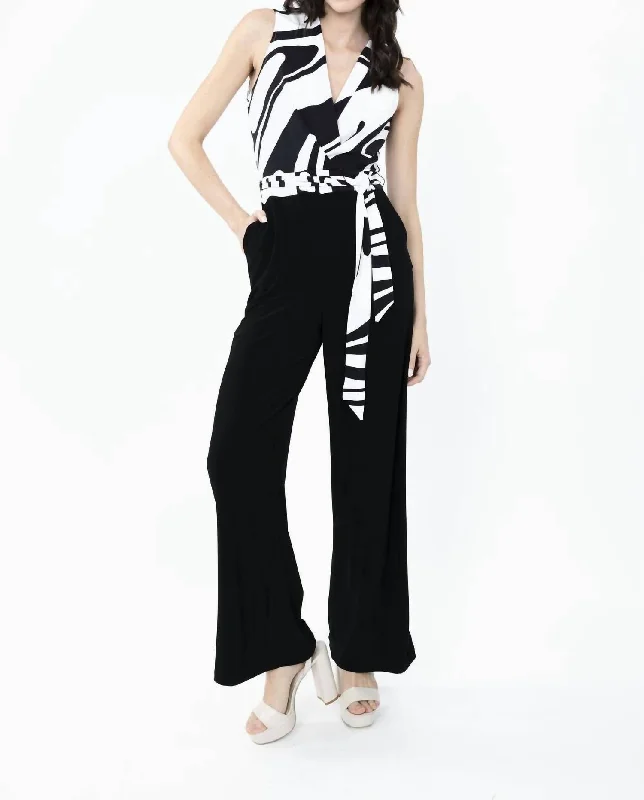 Women’s bootcut jeans for classic look -Belted Wrap V Neck Jumpsuit In Black/off White