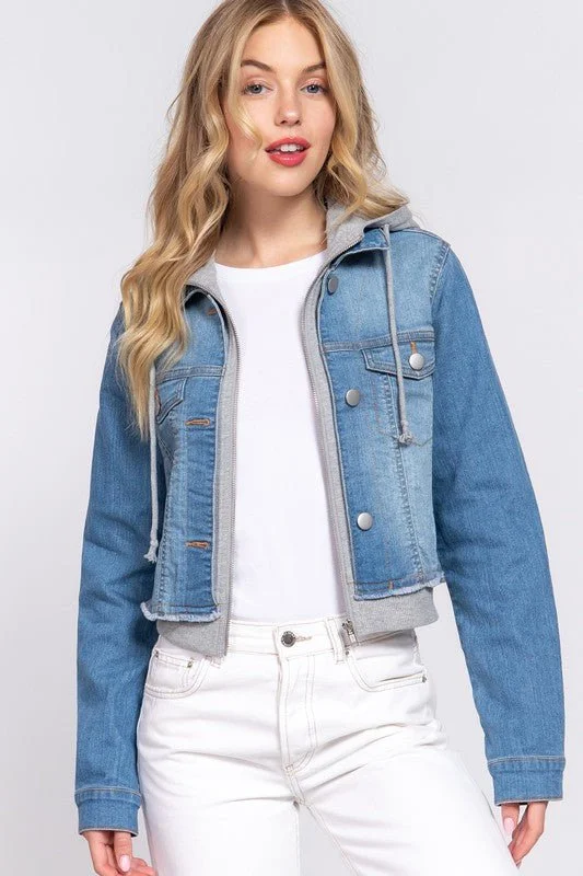 Women’s cape coats for dramatic flair -Long Sleeve Terry Hoodie Denim Jacket