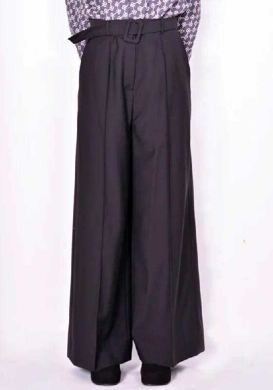 Women’s ribbed pants for textured style -ROKH R1CA62 WM HIGH WAISED BELT TROUSER BLACK