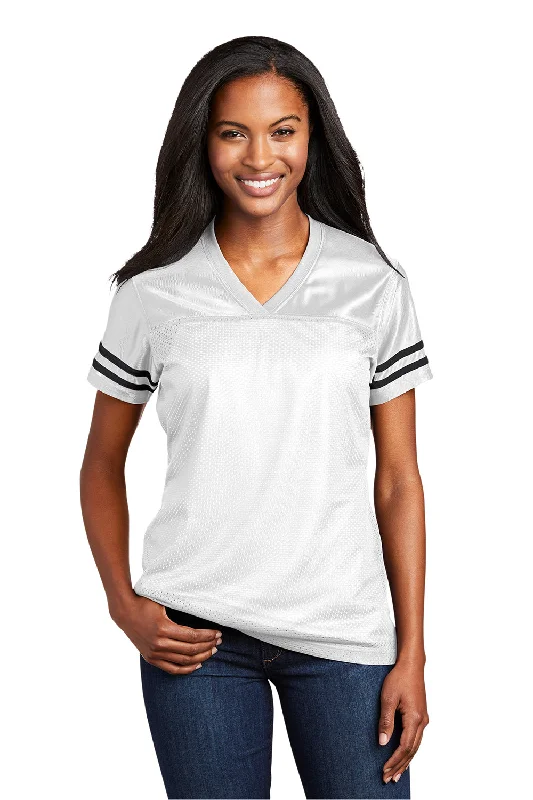 Women’s long sleeve tops for cooler days -Sport-Tek Womens Short Sleeve V-Neck T-Shirt - White/Black