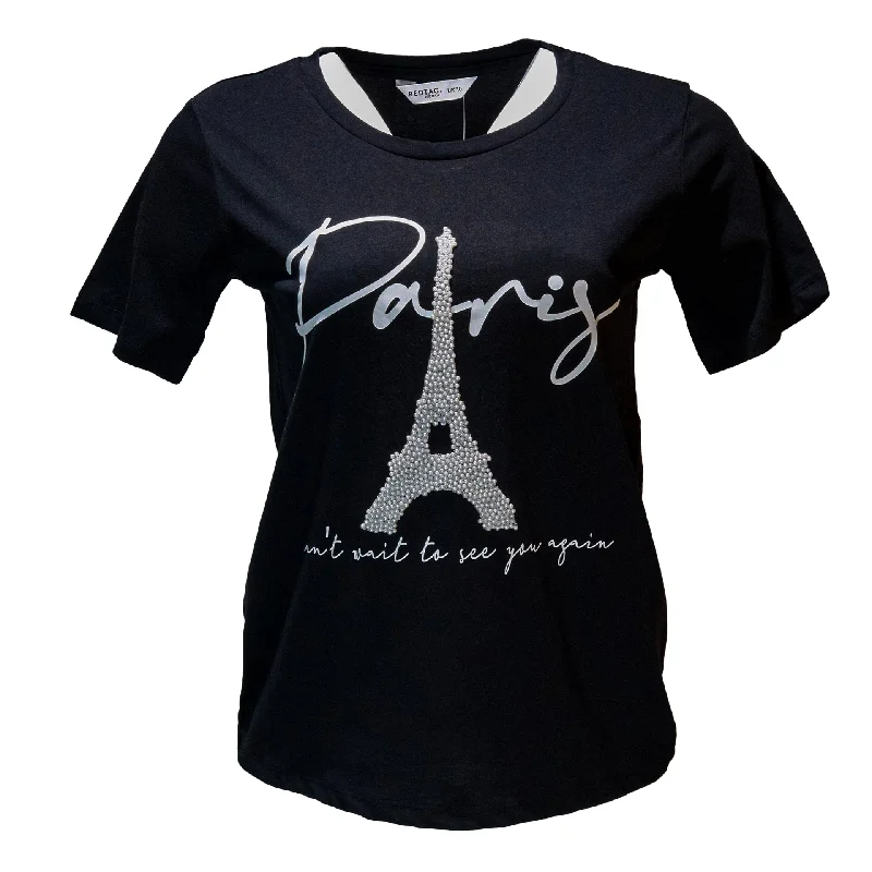 Women’s leggings for versatile active wear -Black Paris Pearl Embellished T Shirt