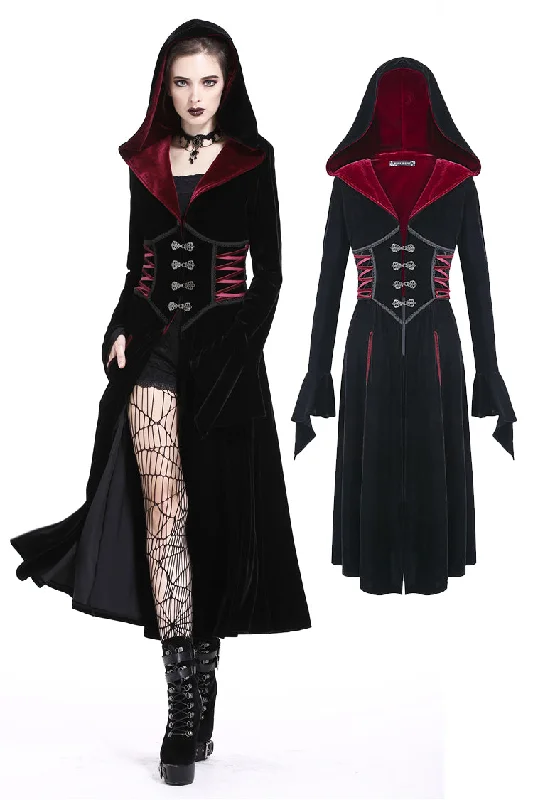 Women’s hooded coats for cold weather protection -DARK IN LOVE Gothic Black red button lace-up long jacket JW164