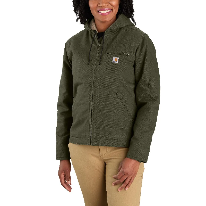 Women’s outdoor jackets for hiking and camping -Loose Fit Washed Duck Sherpa Lined Jacket