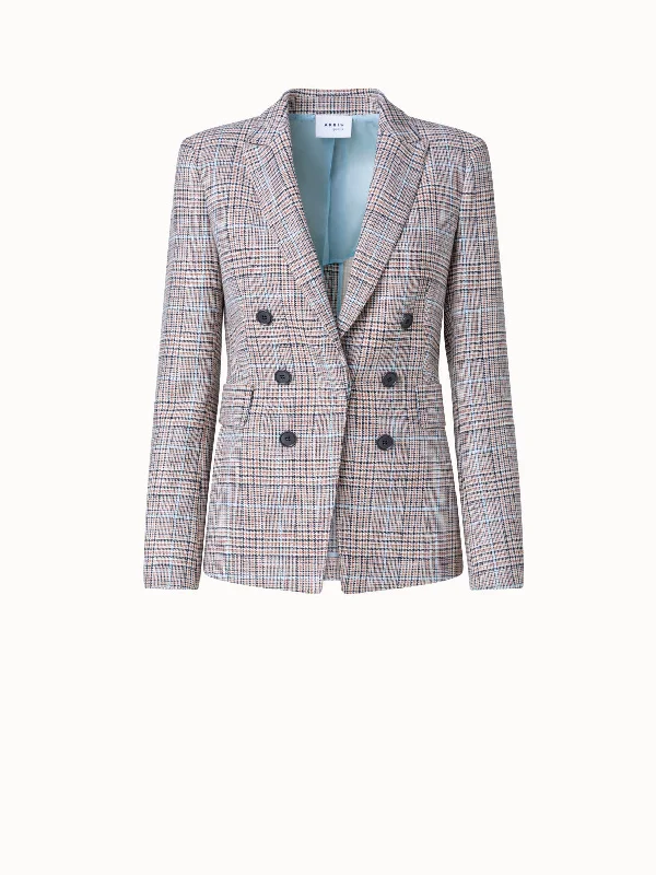 Women’s belted coats for flattering silhouette -Checked Viscose Stretch Blend Faux Double-Breast Jacket