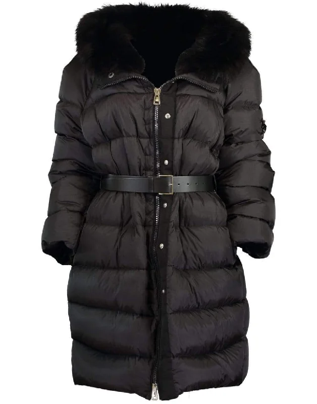 Women’s belted trench coats for chic silhouette -Black Fur Collar Puffer Coat