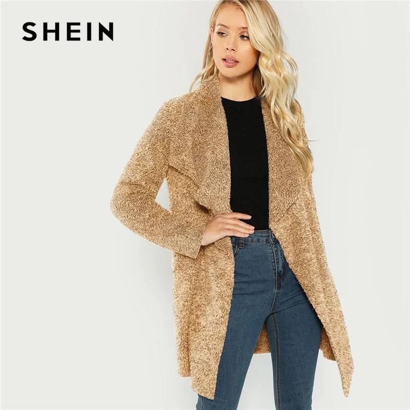 Women’s leather jackets for edgy look -SHEIN Brown Casual Office Lady Solid Waterfall Collar Thermal Teddy Coat Autumn Fashion Workwear Women Coats Outerwear