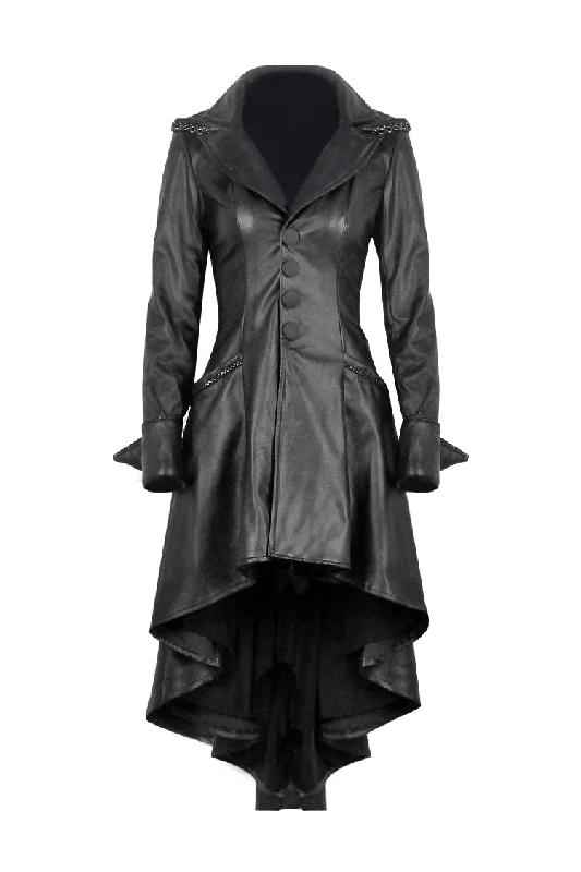 Women’s striped jackets for bold pattern -DARK IN LOVE Gothic long coat leather cocktail robe jacket with eyelets cap JW096