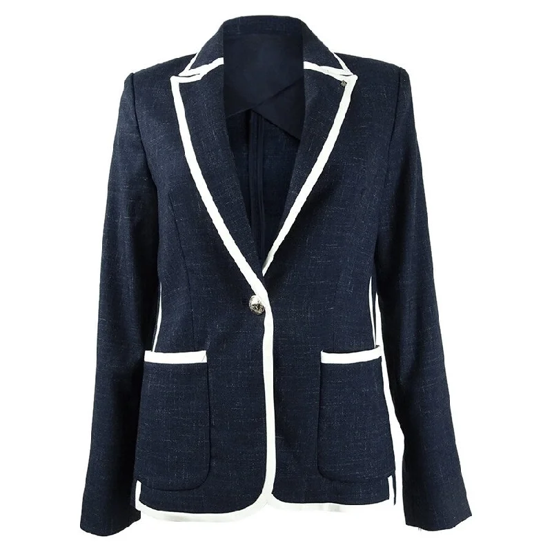 Women’s biker jackets for tough-chic style -Tommy Hilfiger Women's Contrast-Trim One-Button Jacket (2, Indigo/Ivory)