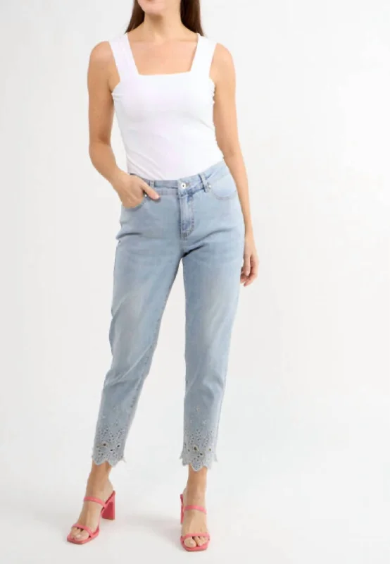 Women’s corduroy pants for fall fashion -Button Front Jeans With Floral Cutouts And Bling In Light Blue