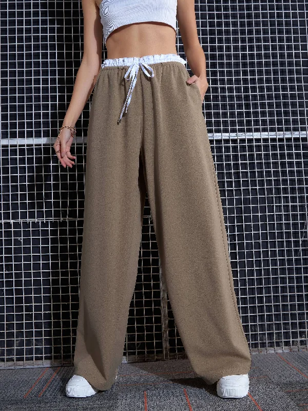 Women’s linen pants for lightweight comfort -Women Beige Contrast Paperback Waist Pants