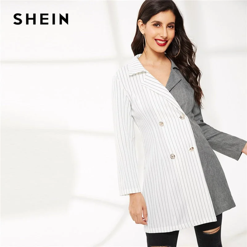 Women’s cape coats for dramatic flair -SHEIN Color-block Two Tone Double Breasted Notched Collar Striped Coat Women Long Sleeve Outerwear Spring Office Lady Long Coats