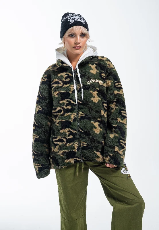 Women’s utility jackets for practical fashion -Womens Dragon & Rose Camo Zip Thru Borg Fleece Jacket - Green Camo